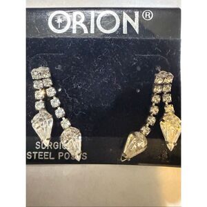 Orion Silvertone Surgical Steel Posts White Austrian Crystals Drop Earrings NWT